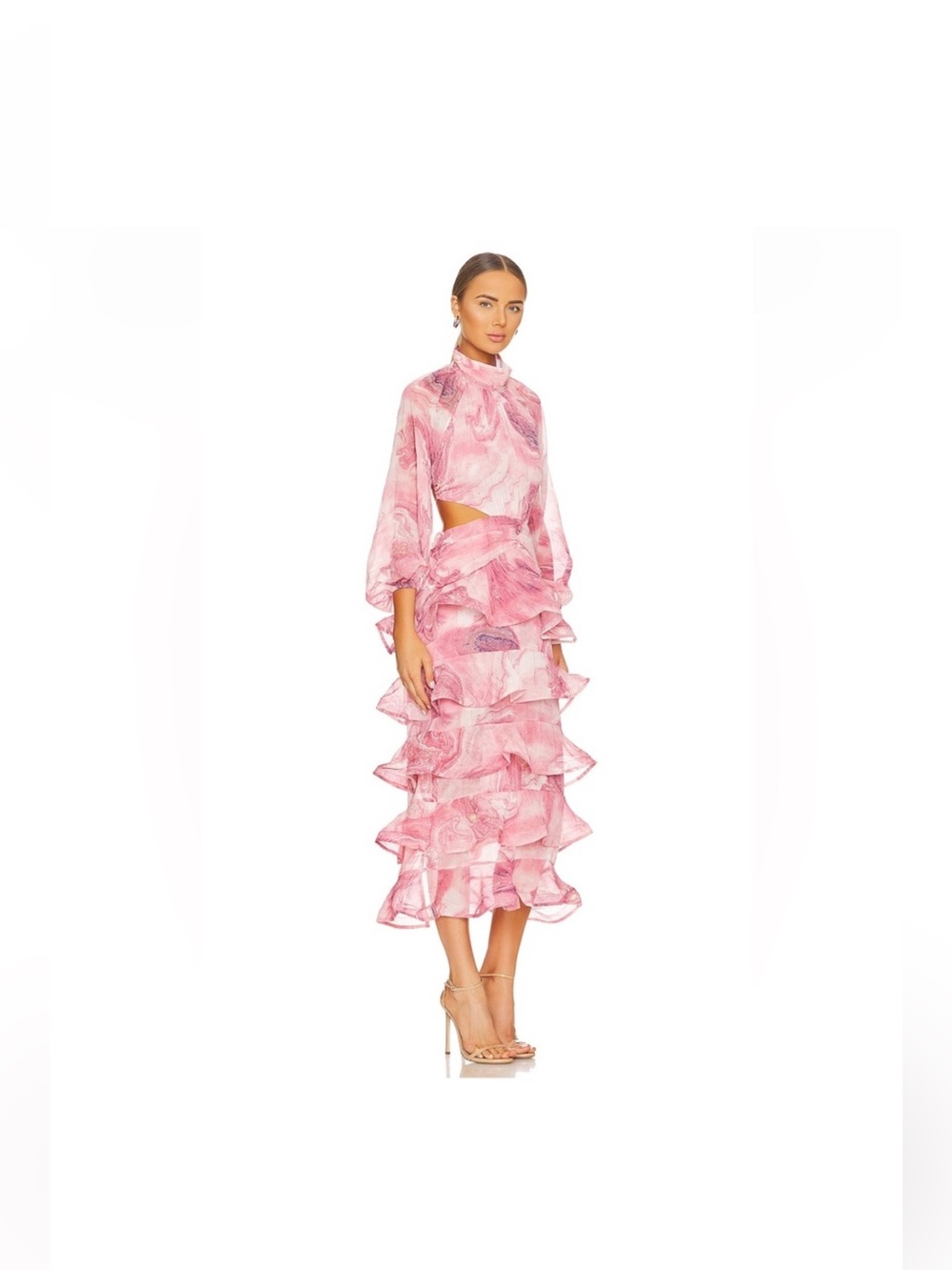 Elliatt Pink Marble High-Neck Midi Dress with Cutout and Ruffle Tiers